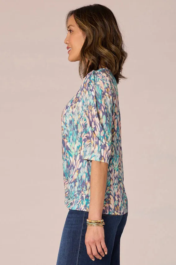 V-Neck Ruched Print Knit Top